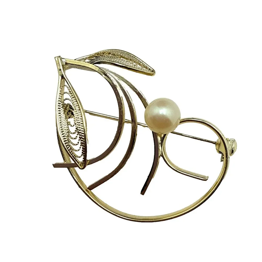 VINTAGE Filigree Leaf Faux Pearl Brooch Gold Tone Leaves Pin 2